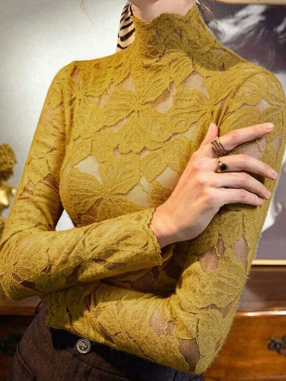 Ginger Yellow Casual Women's Sheer High Neck Slim Fit Top - Picture 3 of 3